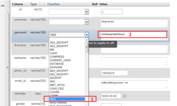 Cach Lay Lai Mat Khau WordPress Trong Phpmyadmin4