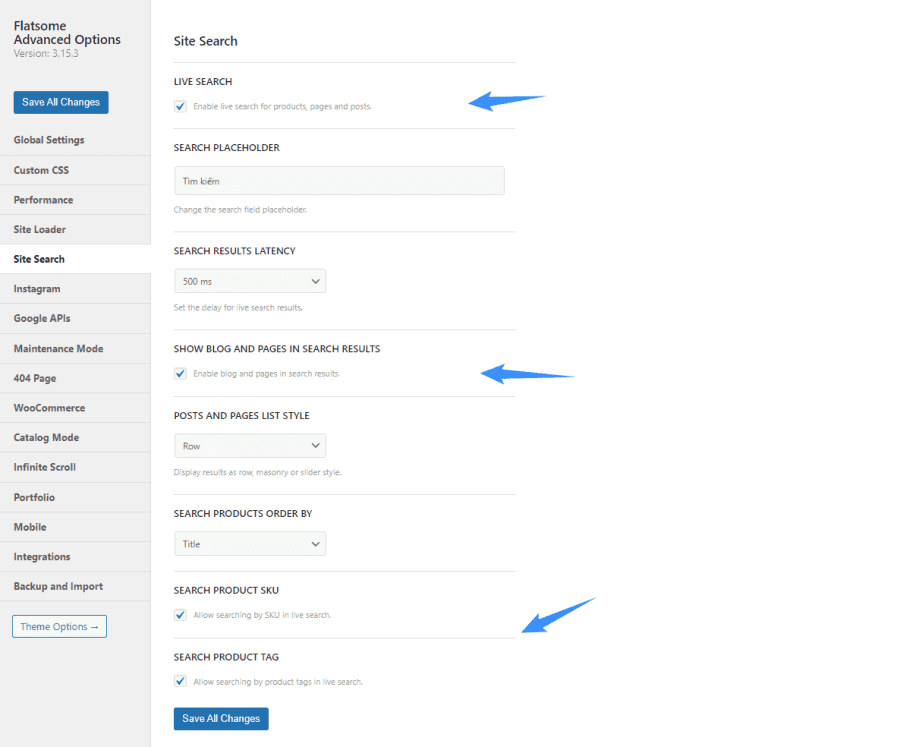 Lưu bản nháp tự động tùy chọn site search trên flatsome theme