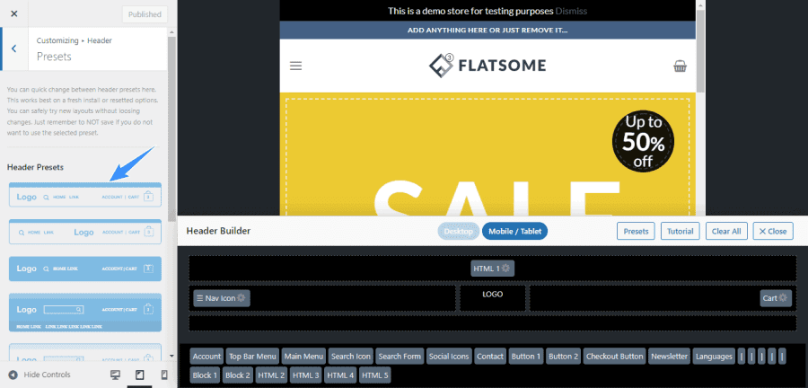 Lưu bản nháp tự động chọn preset header flatsome theme