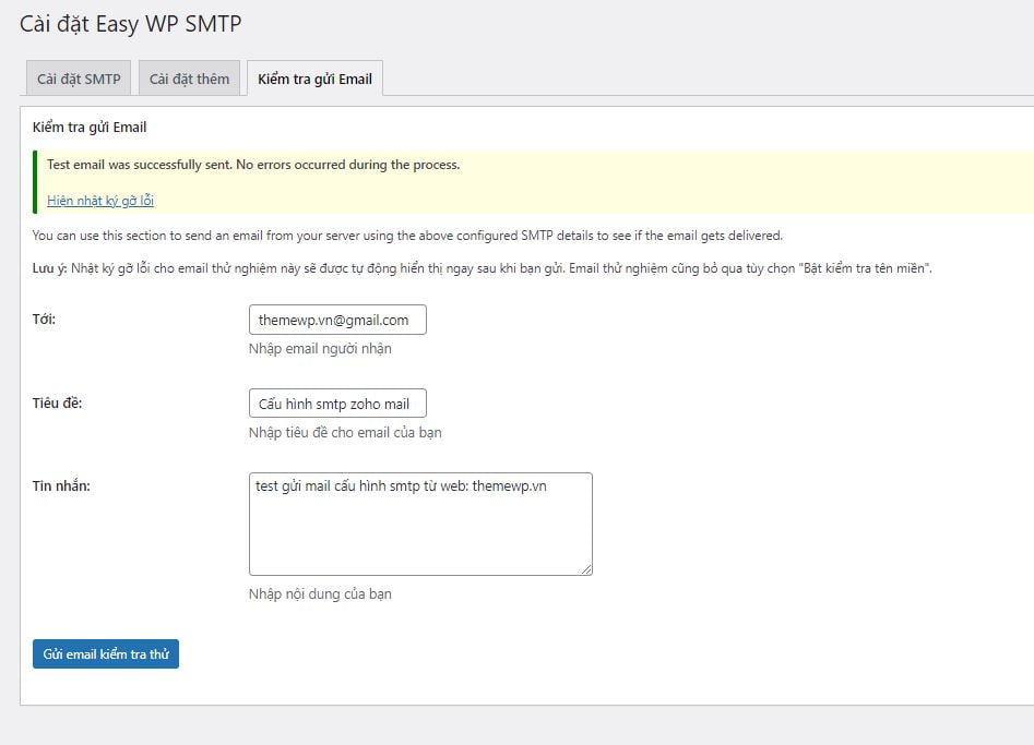 kiểm tra gửi mail smtp zoho mail