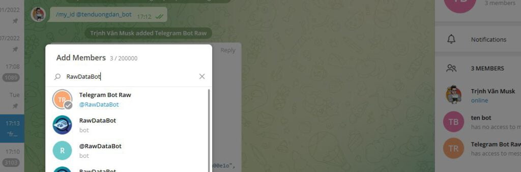 thêm Rawdatabot vào group