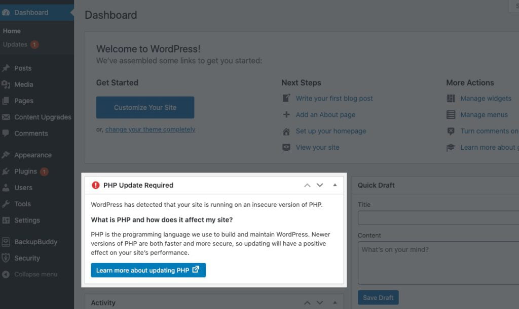 thông báo yêu cầu update php wordpress